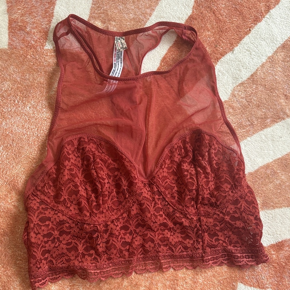 Free People Sheer Lace Crop Bralette - Rust Red M NWOT
